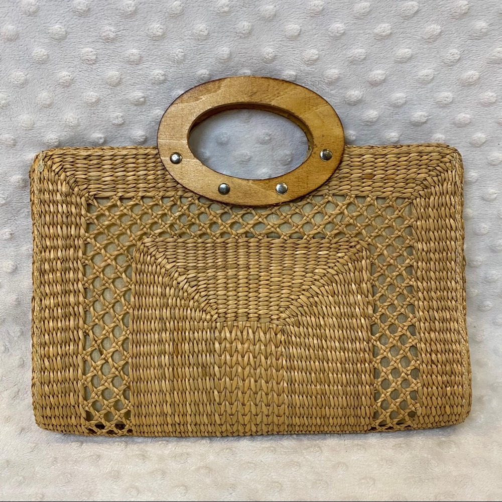 Vintage Straw Woven Lined Bag Wooden Handle